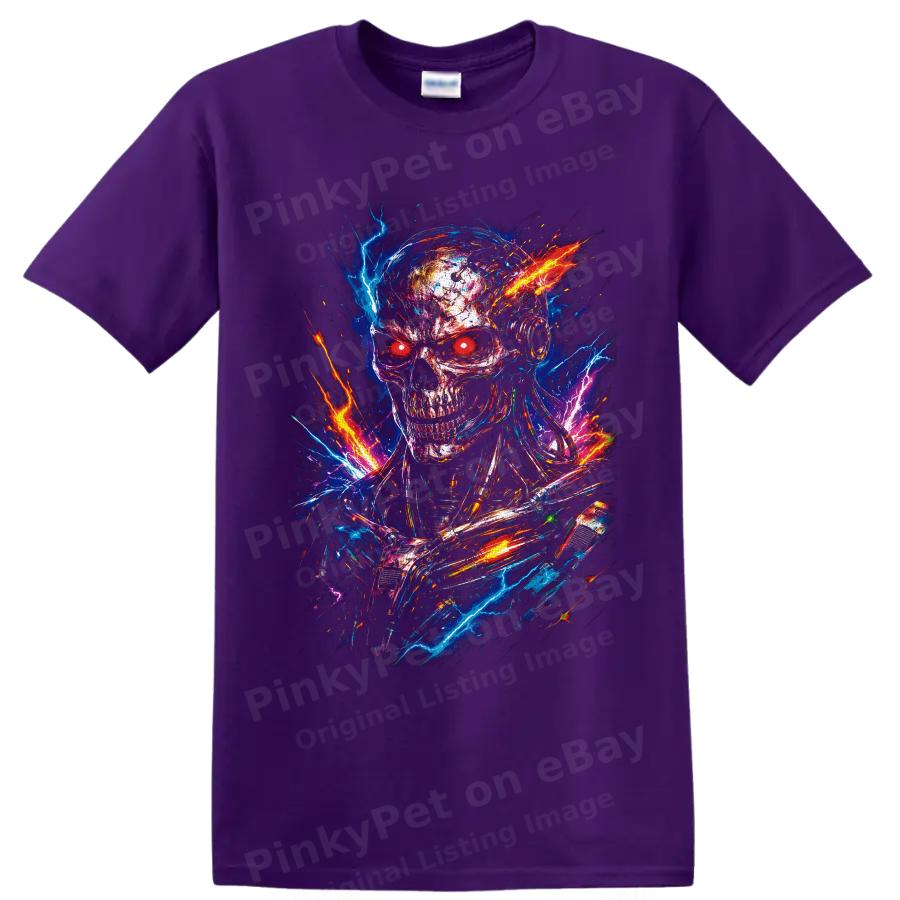 Robot Skull T Shirt Neon Lightning Cyberpunk Glitch Art Graphic Tee Unisex Style