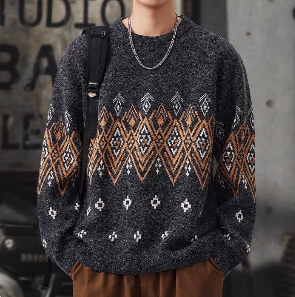 Men s Retro Ethnic Thick Knit Sweater - Winter Plus Size Warm Layer L 130-145 lbs