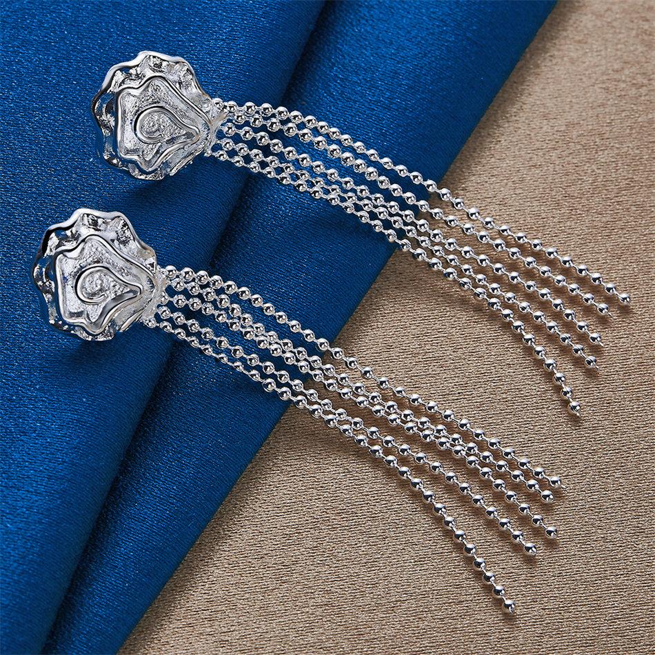 Charming 925 Sterling Silver Exquisite Tassel Rose Flower Earrings for Women Fashion Wedding Jewelry Party Gifts
