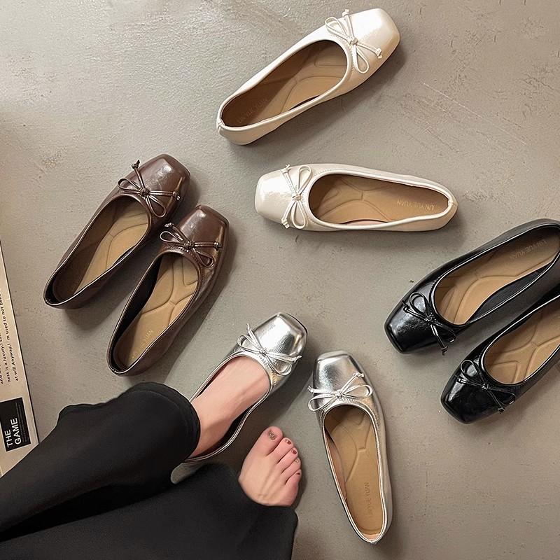 Fairy wind gentle Mary Jane shoes female summer new bow square head flat sole shoes silver light mouth beanie shoes