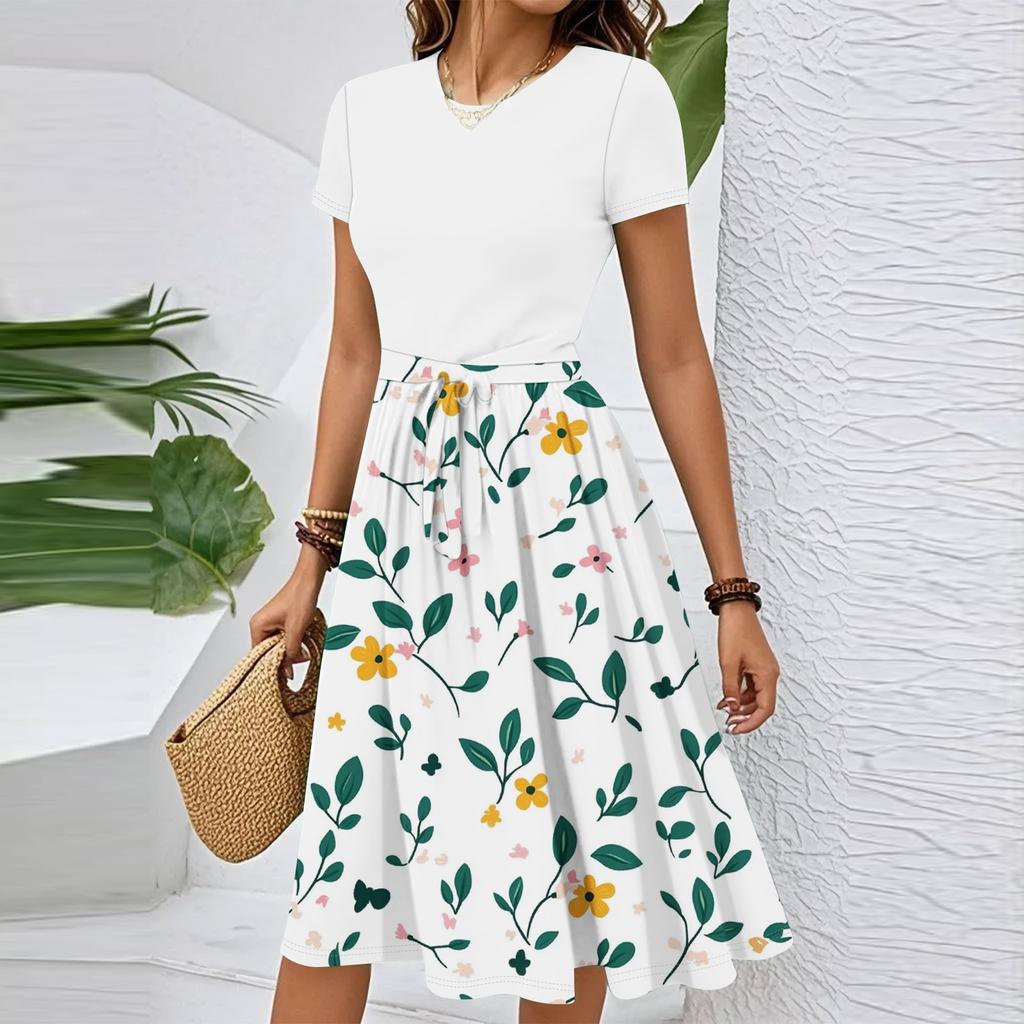 Women's Casual Fashion Belted Floral Printed Short Sleeve Round Neck Elegant Flowing Dress