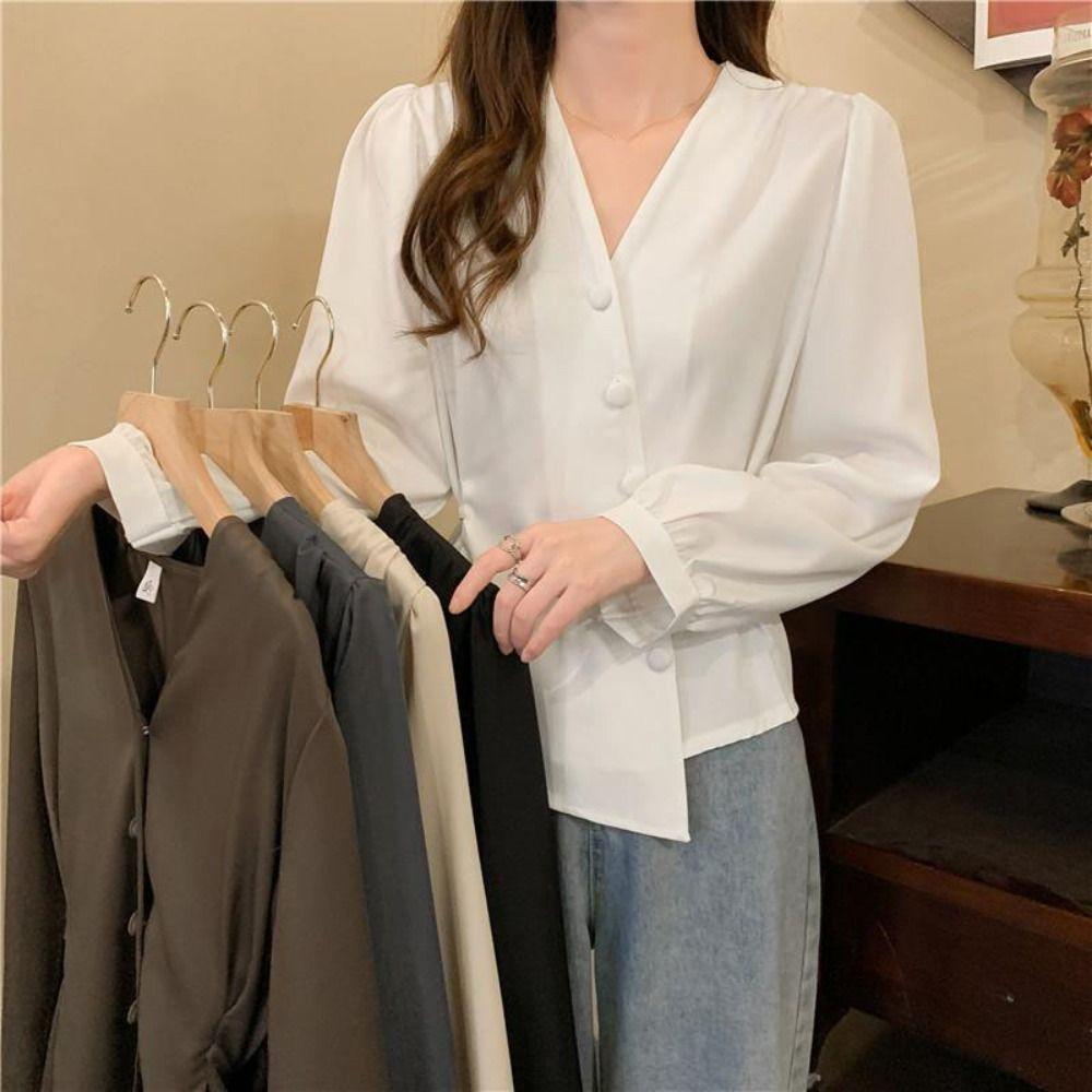 Slim Fit Long Sleeve Shirts V-neck Office Ladies Tops Fashion Button Up Blouse  Office