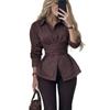 Women's 2026 Spring New Fashionable Elegant Collared Tie-Waist Solid Color Long-Sleeve Shirt Top