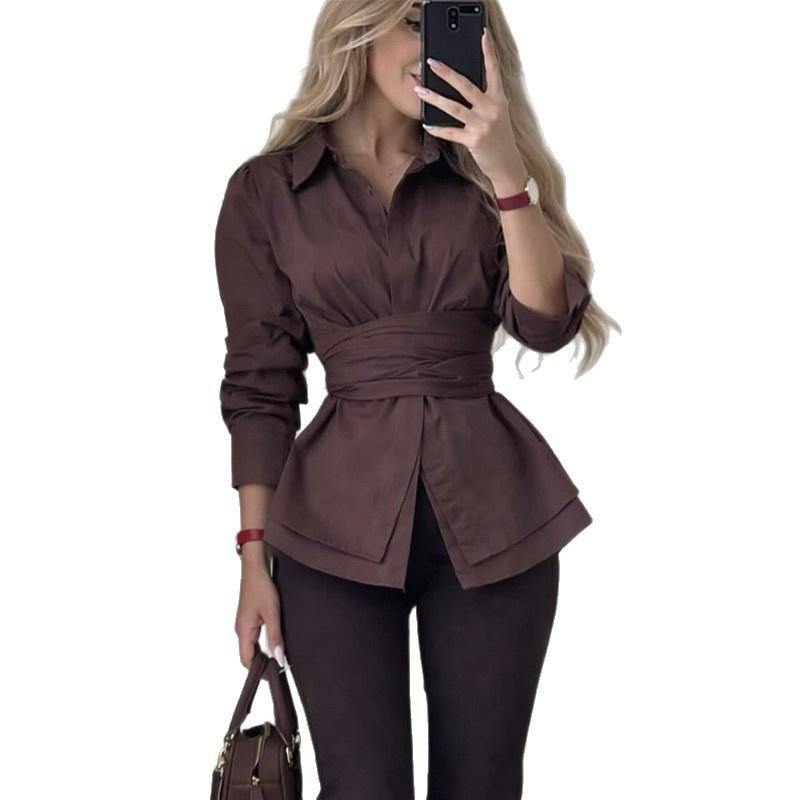 Women's 2026 Spring New Fashionable Elegant Collared Tie-Waist Solid Color Long-Sleeve Shirt Top