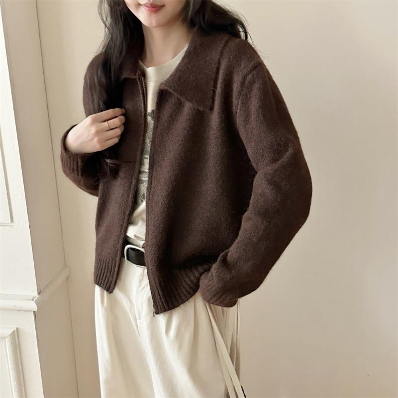 2026 Autumn Winter New Women Lapel Collar Zip Up Knit Cardigan Loose Long Sleeve Versatile Soft Knitted Sweater Outerwear Coat