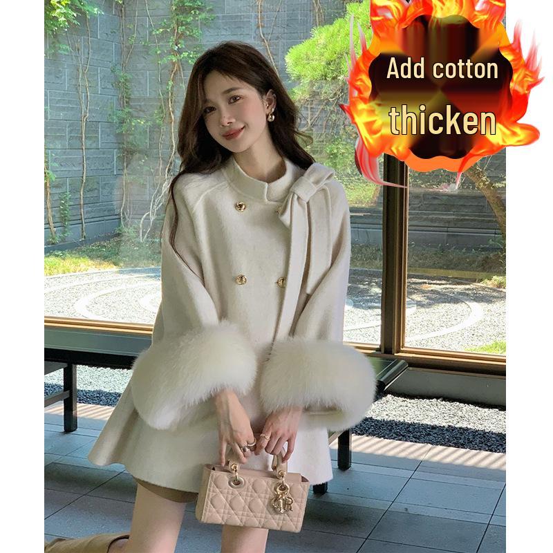 

Женское шерстяное пальто-кейп с маленьким бантом на плотной флисовой подкладке M (Recommended for 105-120 lbs)