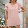 Spring Summer Solid Color V-neck Hollow Double-layer Sleeves Loose Chiffon T-shirt for Women Shirt