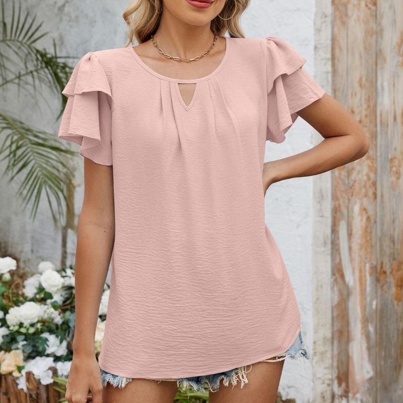 Spring Summer Solid Color V-neck Hollow Double-layer Sleeves Loose Chiffon T-shirt for Women Shirt