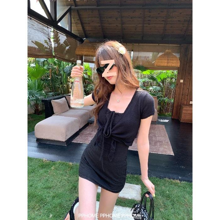 Green fresh suspender dress women's summer atmosphere lace-up tube top is beautiful, slim and thin, hip-wrapped short skirt