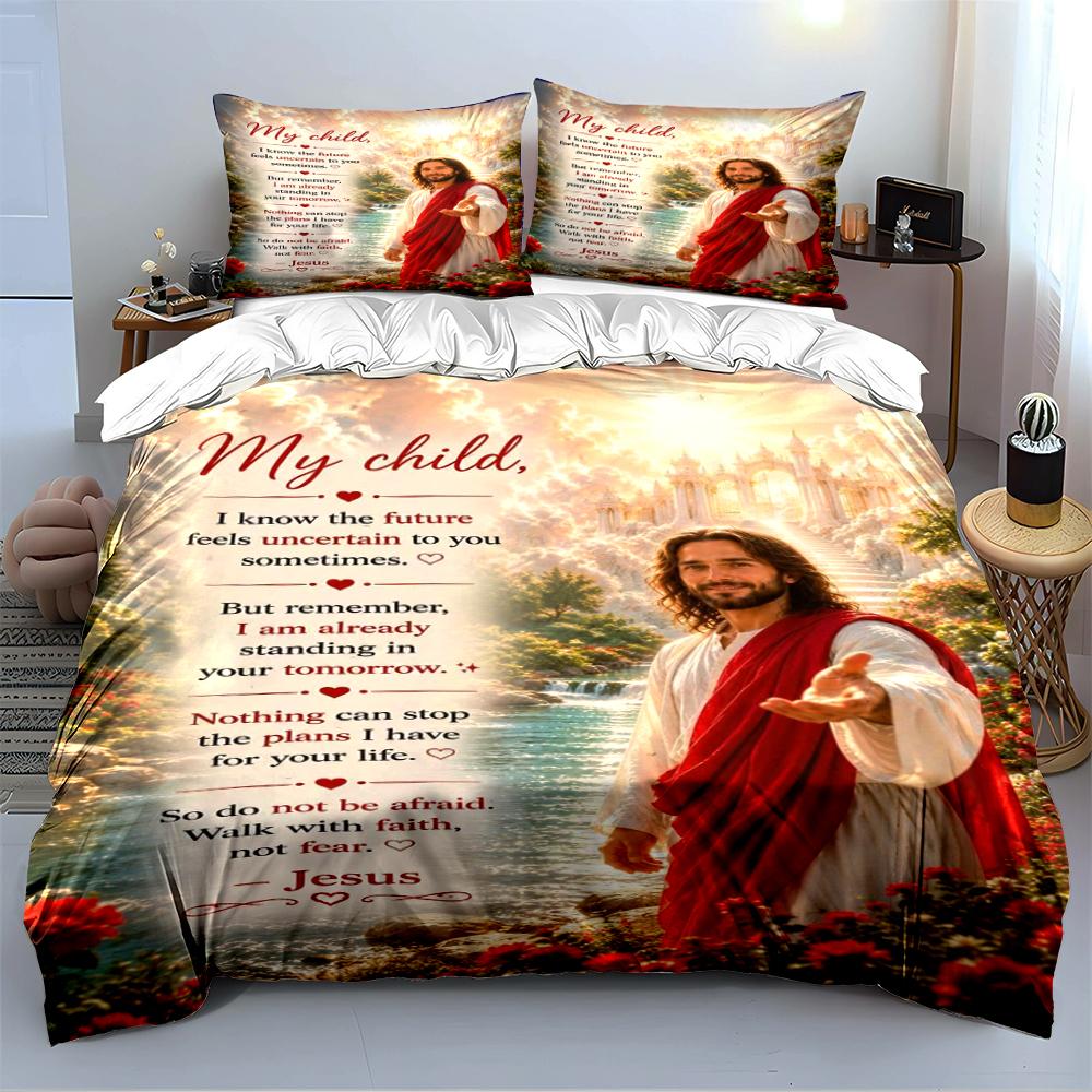 Religious Bedding Set with Jesus Print Bedding Set (1 Duvet Cover, 2 Pillowcases, Duvet Not Included)
