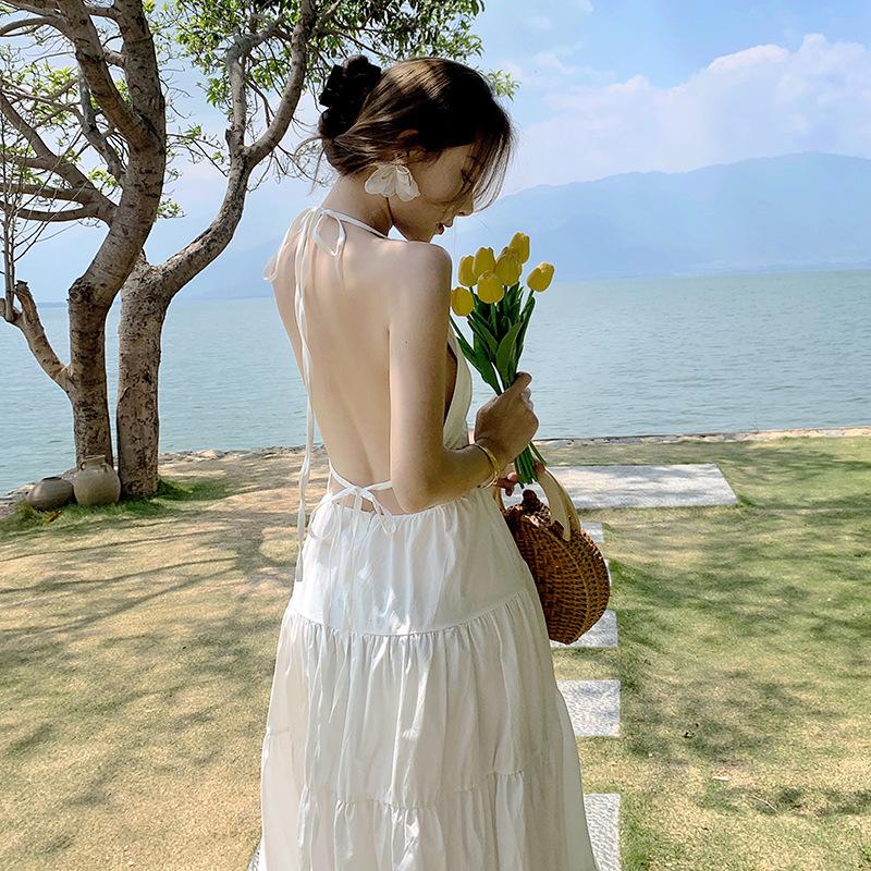 

Женские летние длинные свободные платья с открытой спиной и подвеской на шее, праздничные длинные свободные платья L белый