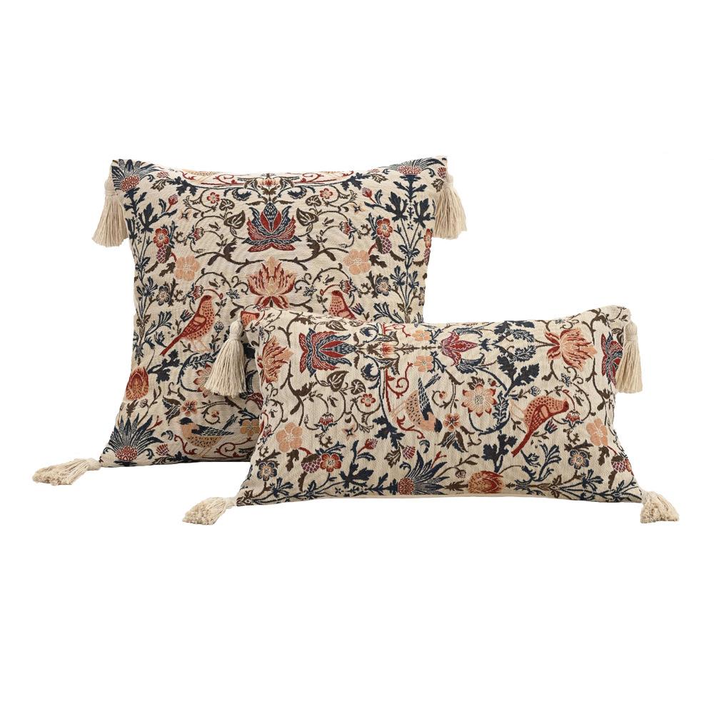 Retro European Style Cotton Linen Flower Cushion Pillowcase Living Room Sofa Backrest High Precision Jacquard Cushion Cover