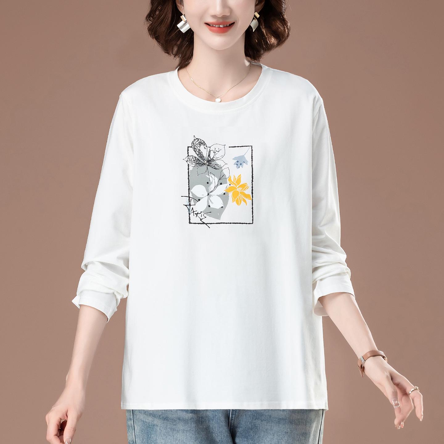 

Женская футболка с длинным рукавом из чистого хлопка большого размера с принтом - Приталенная, Свободного кроя, Весенне-осенний стиль 4XL белый