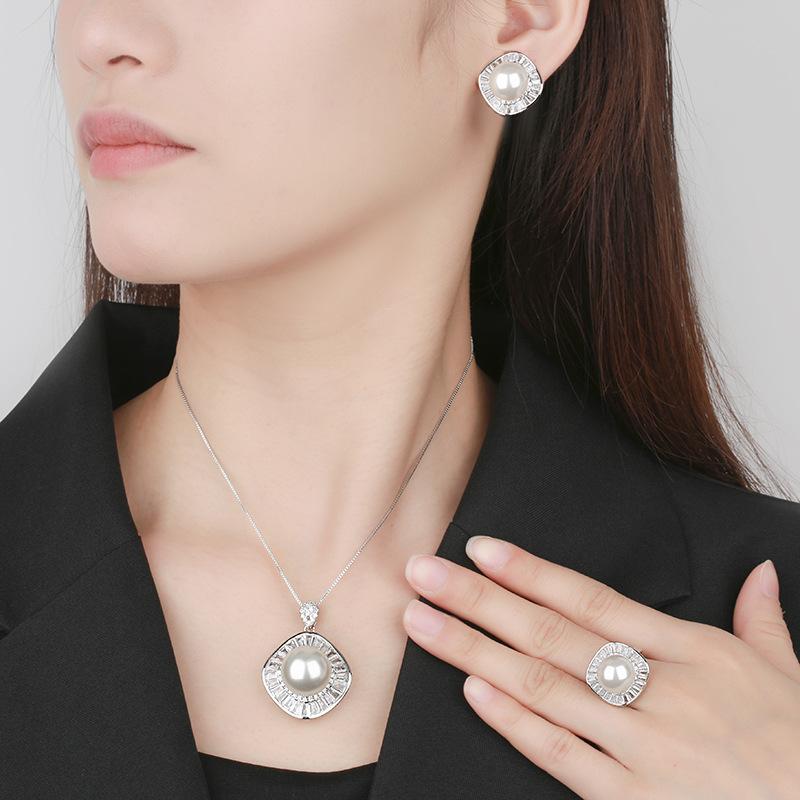 Jewelry Copper Bottom Gold-Plated Inlaid White Pearl Square Set Women 16-12Mm