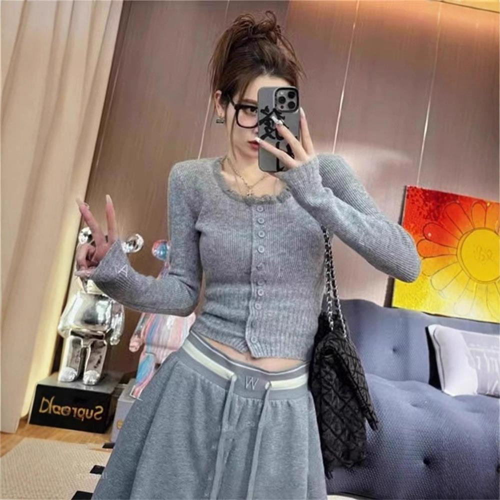 Korean sweet wind lace splicing long-sleeved knitted cardigan women's autumn and winter new slim-fitting versatile