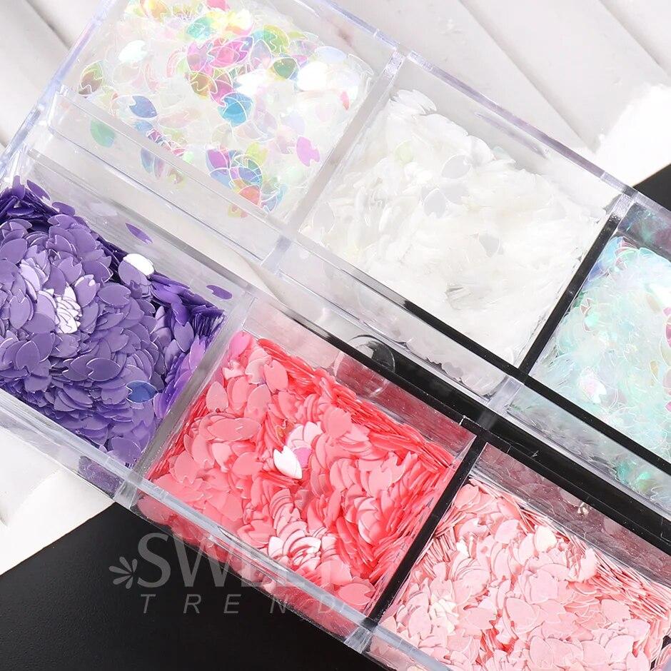 6 Grids Sakura Flower Petal Chip Nail Sequins Cherry Blossoms Glitter Stickers Spring Japanese Holographic Decor Flakes SAS128