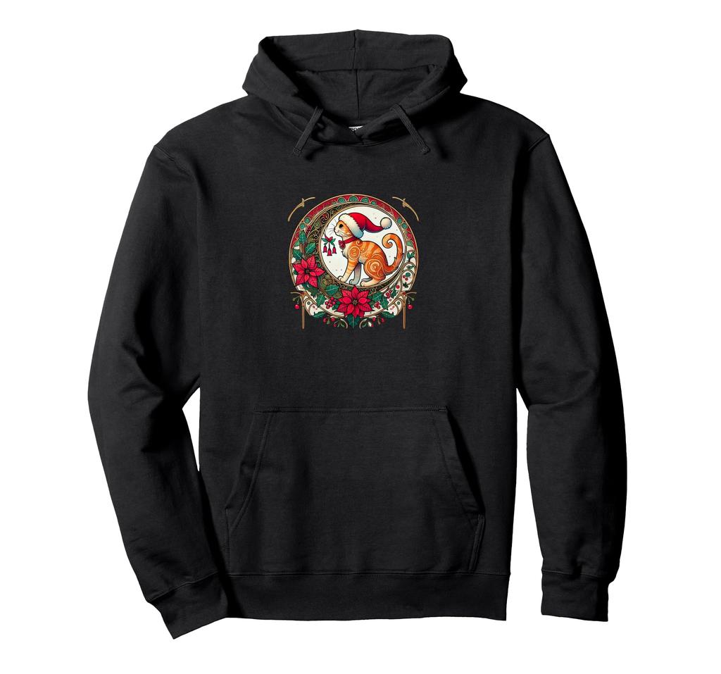 Noël Chat Roux Chapeau de Père Noël Illustration Art Nouveau Sweat à Capuche