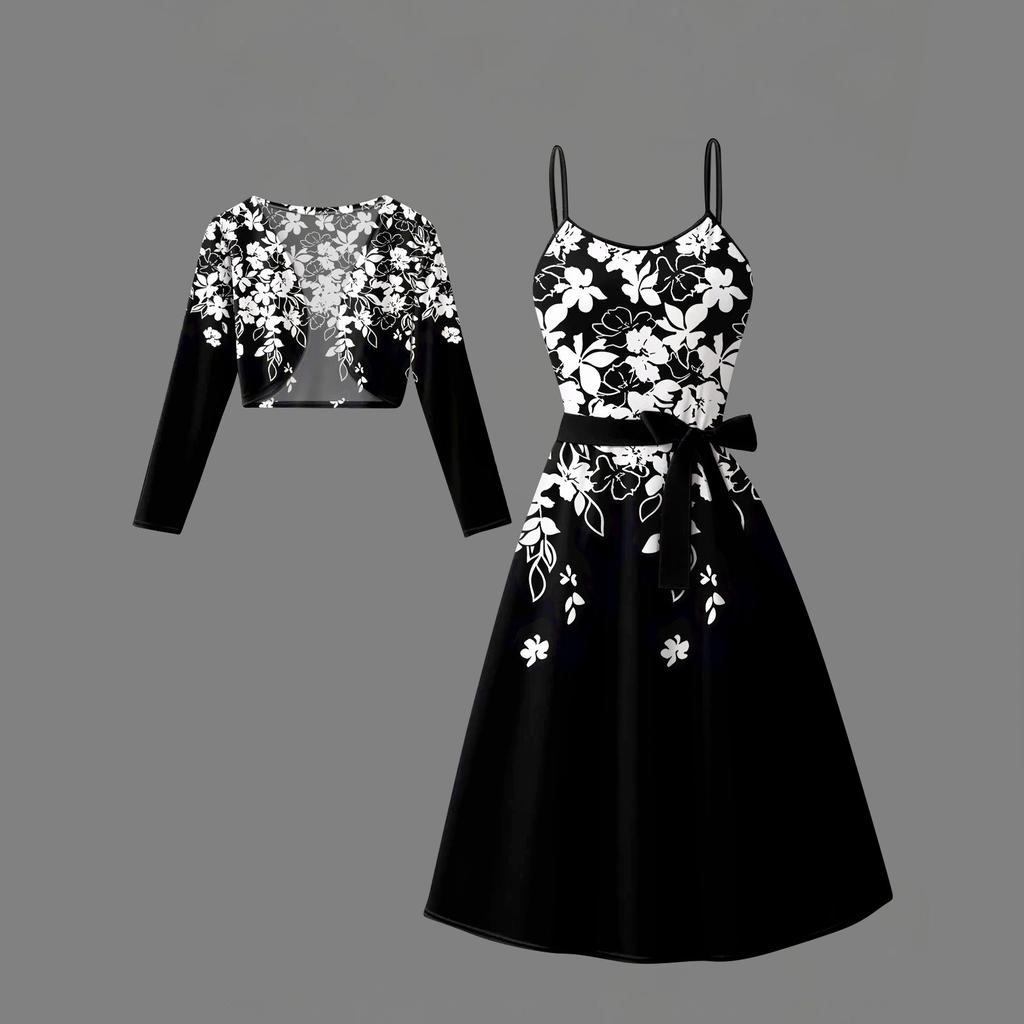 Women's  Fashionable And Casual Long-sleeved Short Cardigan Top + Belt + Strappy Dress Set