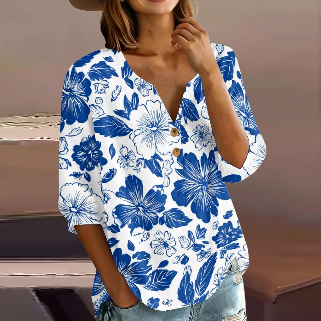 Women’s Casual Floral Print Henley Neck 3/4 Sleeve Cotton Linen Shirt with Button Front Loose Fit Blouse for Spring Summer Wear