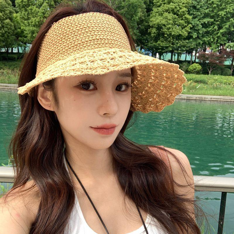100.00kg Plus Size Women's Big Brim Grass Bows Hand-Woven Seaside Beach Hat Sun-Proof Face Cover Sun-Shade Straw Hat