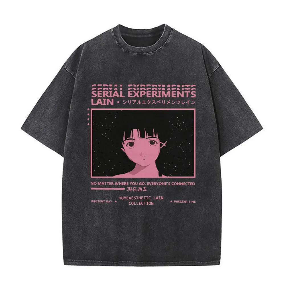 Washed Vintage Anime Serial Experiments Lain Face Graphic Tshirt Manga Girl Sci Fi Yk T Shirt Men Women Cotton Retro Tshirts