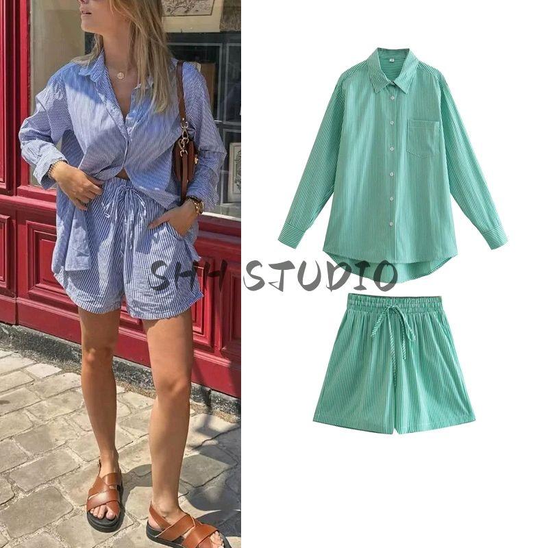 Spring New Women's Clothing Casual Style Lapel Long Sleeves Stripes Shirt 1209140 Loose Stripes Shorts