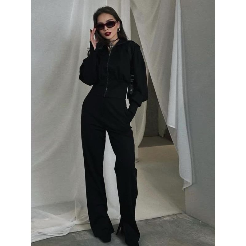 European and American Solid Slim fit Top High Waist Straight Trousers Two-piece Set Leg Pants Two-Piece Set