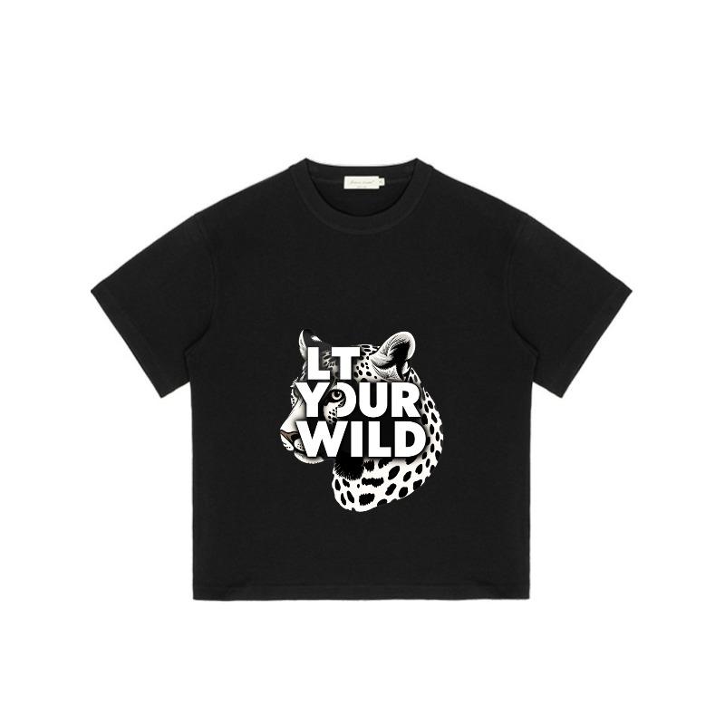 Black T-Shirt With Leopard Print And Let Your Wild Text For Casual Wear