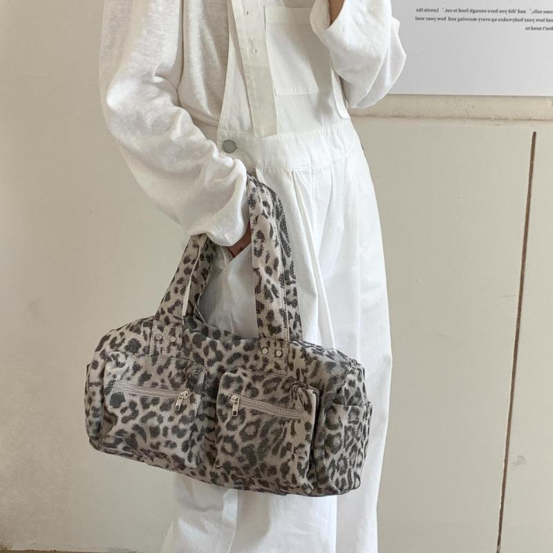 Cylinder leopard print bag retro multi-mouth handbag large capacity new niche high-end shoulder bag women