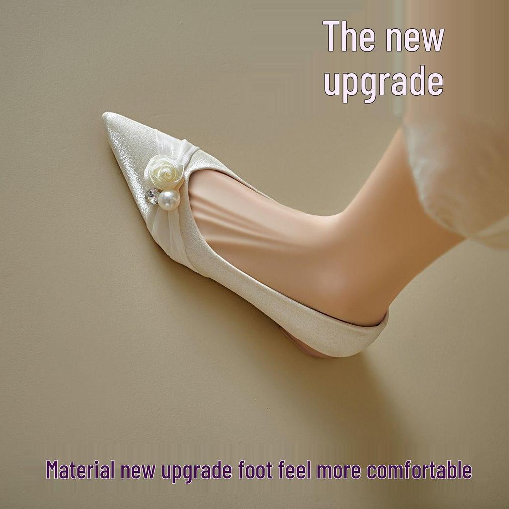 French Pearl Flower Satin Chunky Heel Bridal and Bridesmaid Shoes
