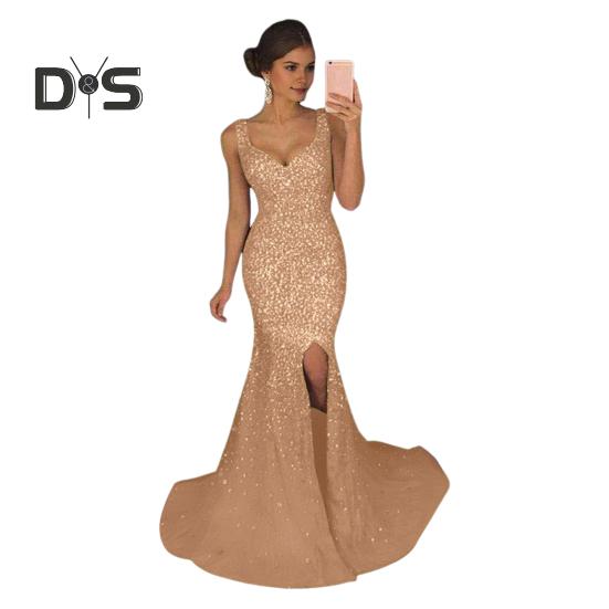 

Женское вечернее платье с глубоким V-образным вырезом, разрезом по низу, блестками, узким подолом, застежкой-молнией сзади, без рукавов, выпускное коктейльное платье длиной до пола, бальное платье M золотистый