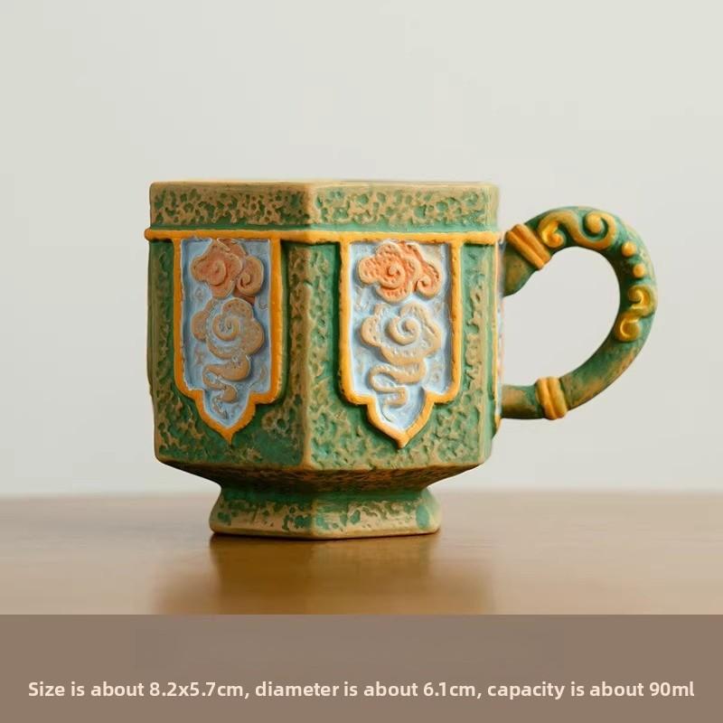 Teacup Ceramic Clay Painting Relief Auspicious Cloud High Foot Hexagonal Cup Tea Set Household Tea Products  200ml