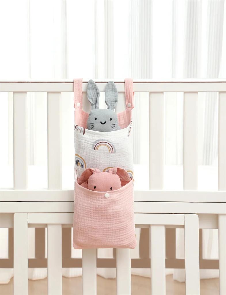 Newborn Muslin Bed Hanging Storage Bags Multi-Functional Crib Stroller Organizer Diapers Portable Bedside Hanging Bag