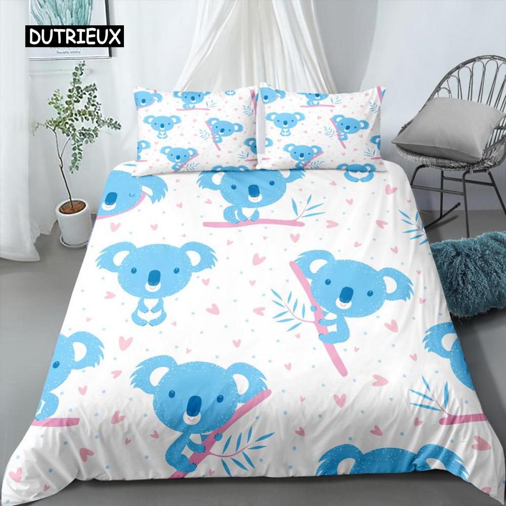 3D Koala Duvet Cover Set Microfiber Cartoon Leaves Baby Bear Australian Wildlife Themed  Bedding Set Queen Size Comforter Cover