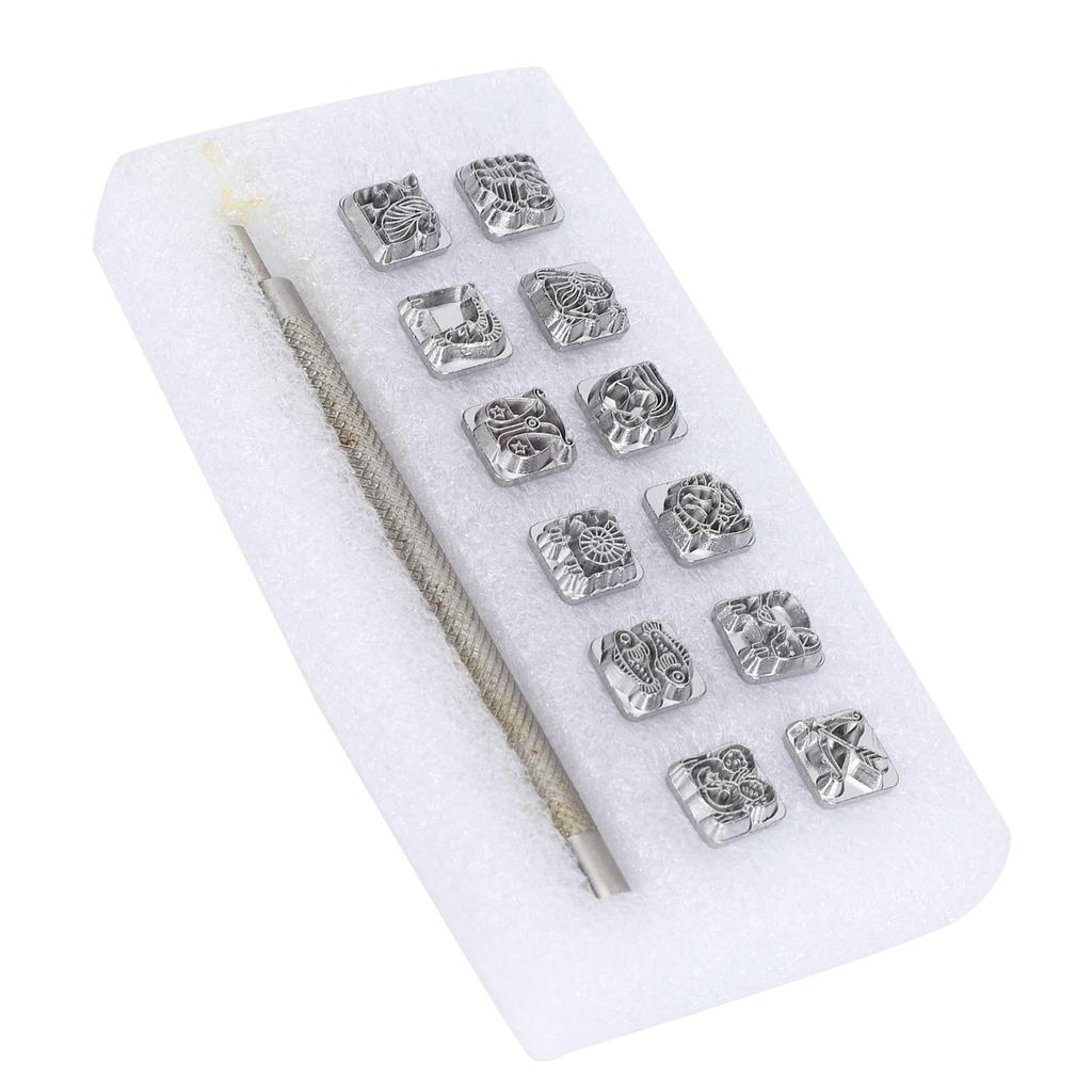 12Pcs Stamping Punch Tool Leather Craft Alloy Steel DIY Vegetable Leather Stamper 1Pc Handle(Twelve