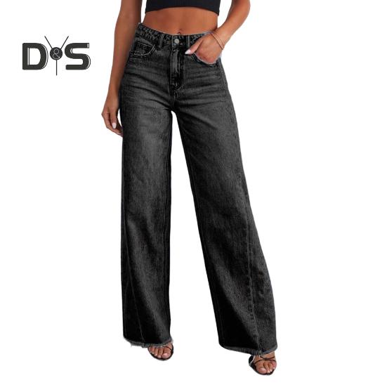 Damenjeans mit mehreren Taschen, Knopf, Reißverschluss, Jeanshose, seitliche Spleißnähte, Gratbesatz, einfarbige Jeans