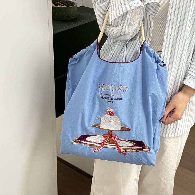Crown Cake Japanese Girl Embroidered Canvas Crossbody Tote Bag - Large Capacity for Spring Outings