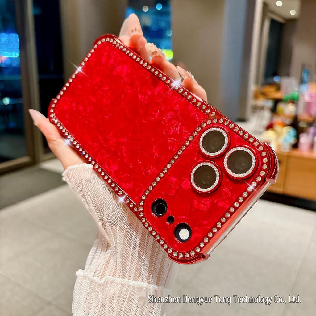 Square Rhinestone Shell Texture Phone Case for iPhone 16/17 Pro Max