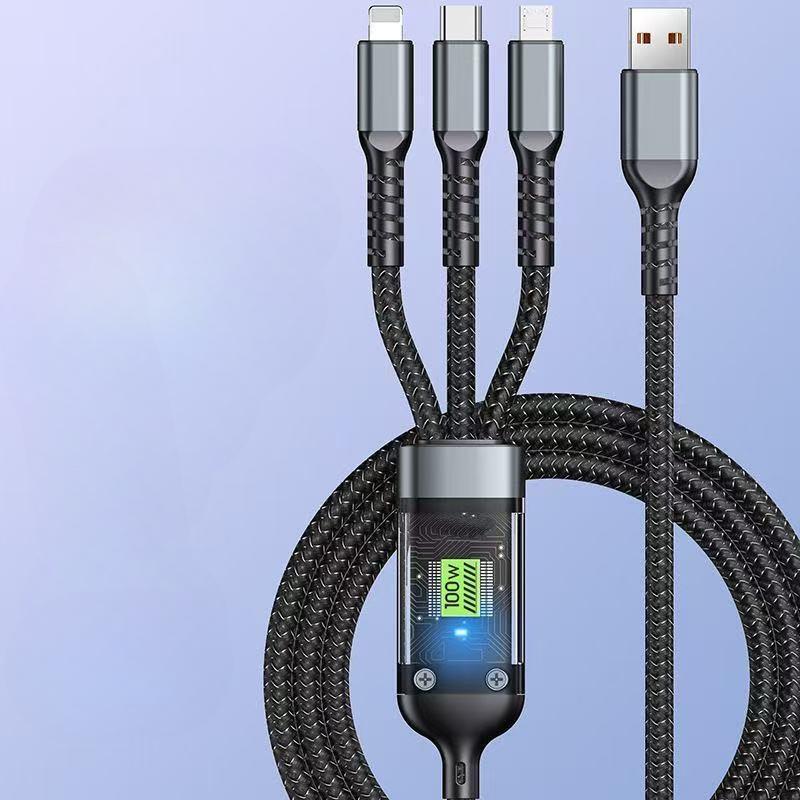 

Кабель для быстрой зарядки 100 Вт с совместимостью USB Type C, Micro USB и Lightning - Длина 1,2 м/2 м, Прозрачный чип, Функция ночного освещения 1.2m чёрный
