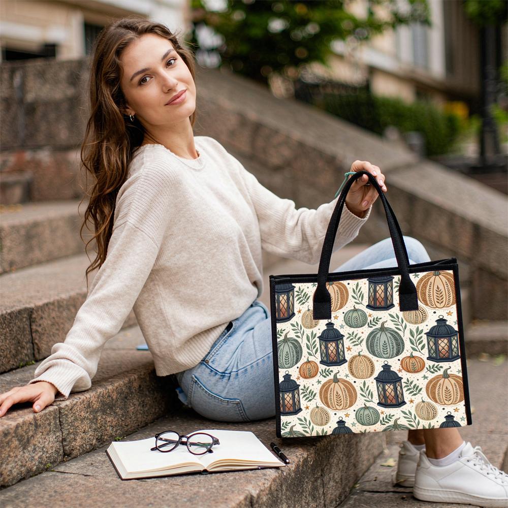 Autumn Pumpkin Print Casual Tote Bag Large Capacity Daily Handbag for Outdoor Shopping Use