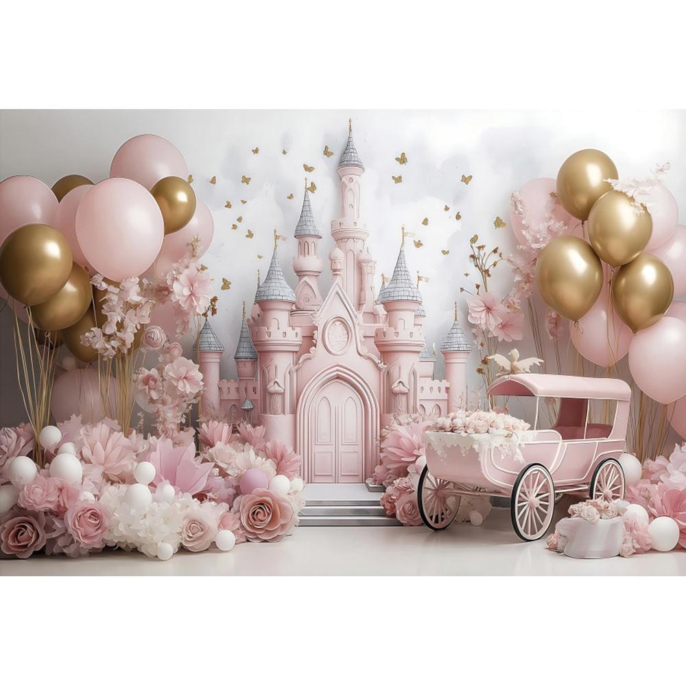 Dreamy Castle Photography Background Pink Balloon Curtain Flower Carriage Girl Birthday Bride Wedding Party Decor Photo Backdrop