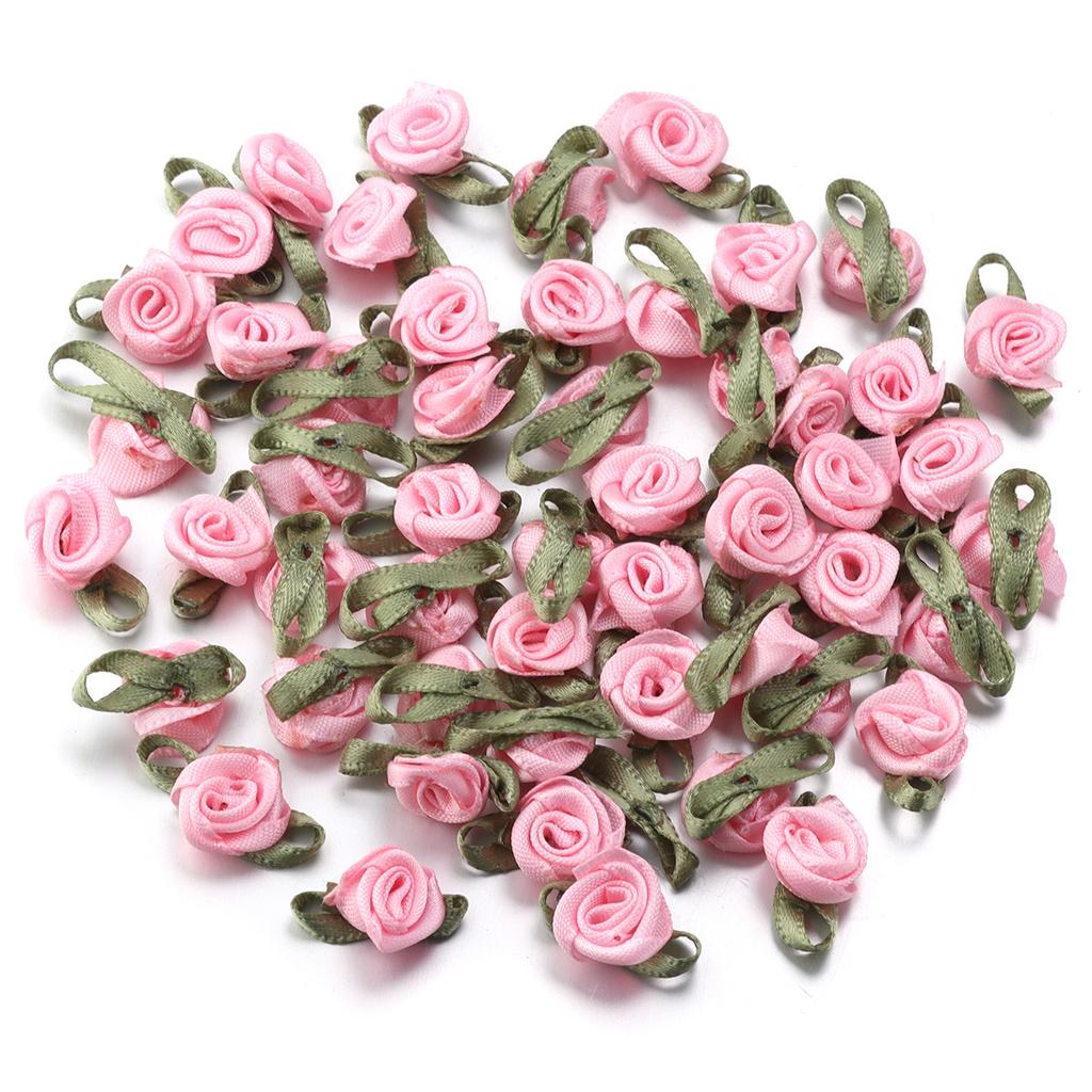 50 peças 1,5x2,5cm Mini Flor de Rosa Fita de Cetim de Poliéster Rosetas Apliques de Tecido Para Casamento Festa Roupa Costura Decoração