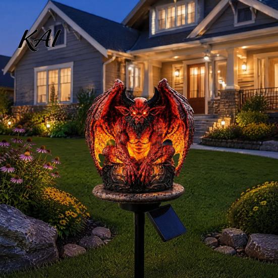 Gothic Demon Yard Ornament Dragon Solar Garden Light, Outdoor Gargoyle Statue with Warm LED Lighting, Halloween Cemetery Decoration Waterproof