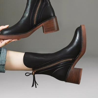 Bottes Mi-Mollet Femme Bottes Femme Zippées Talons Épais Chaussures Femme Bottines Courtes en Cuir pour Femme Chaussures pour Femme Botas De Mujer