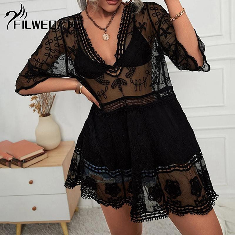 

Filweoatc Сексуальная кружевная пляжная юбка чёрный