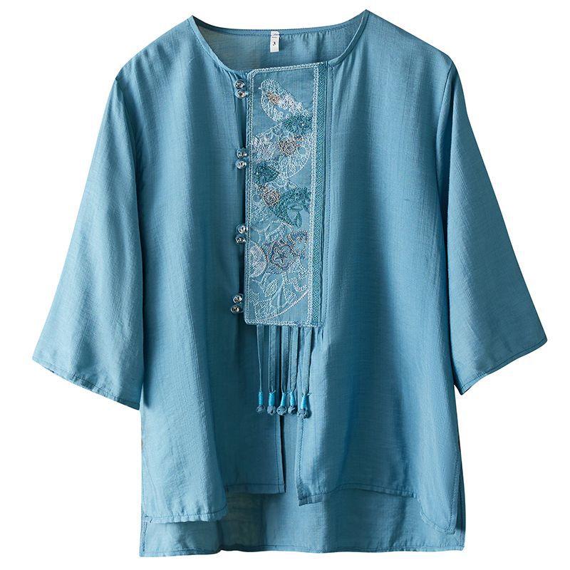 New Ethnic Style Retro Ramie Shirt Women's Summer Round Neck Short-sleeved Top Diagonal Embroidered Tea Clothes