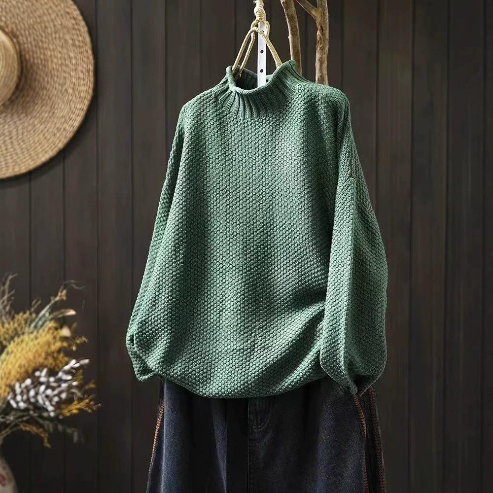 Autumn and Winter Half-turtleneck Cotton Sweater Women's Loose Large Size Meat-covering Casual Pullover Knitted Thread