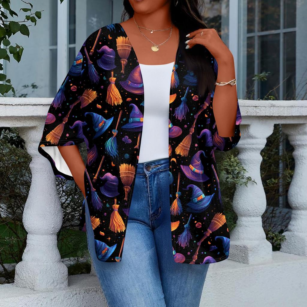 Women's Casual And Fashionable Halloween Printed Lightweight Mid Length Jacket Cardigan