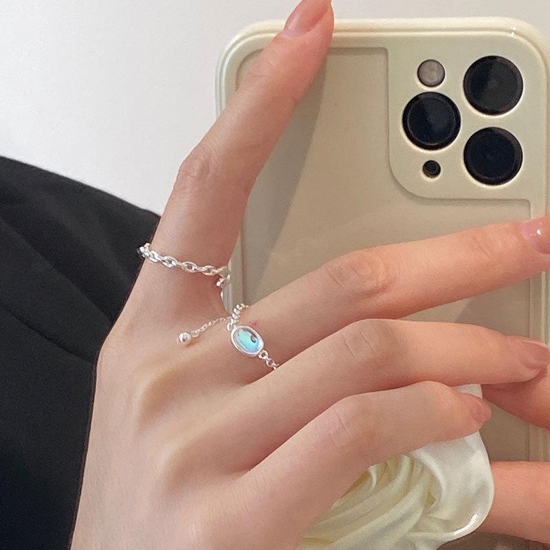 S925 Silver Blue Moonstone Adjustable Pull Chain Ring For Women