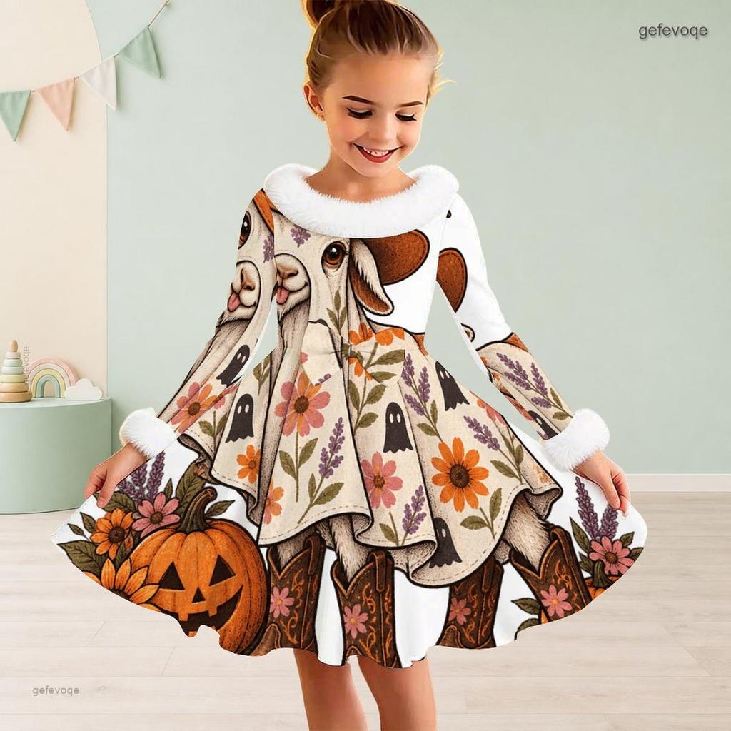 Girls High Neck Long Sleeve Halloween Hedgehog Printed Fluffy Trim Tie Waist A Line Flared Dress